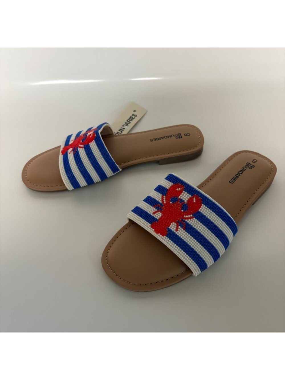 No Boundaries Beaded Lobster Slide Sandals Womens Size 8 Blue White Stripe Shoe
